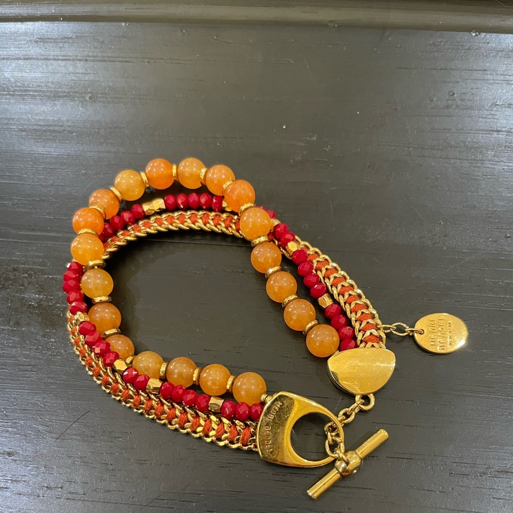 EUC Henri Bendel Elegant Gold and Red Beaded Bracelet